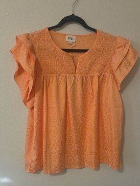 BiBi Peach Orange Flutter Sleeve Smocked Yoke Top